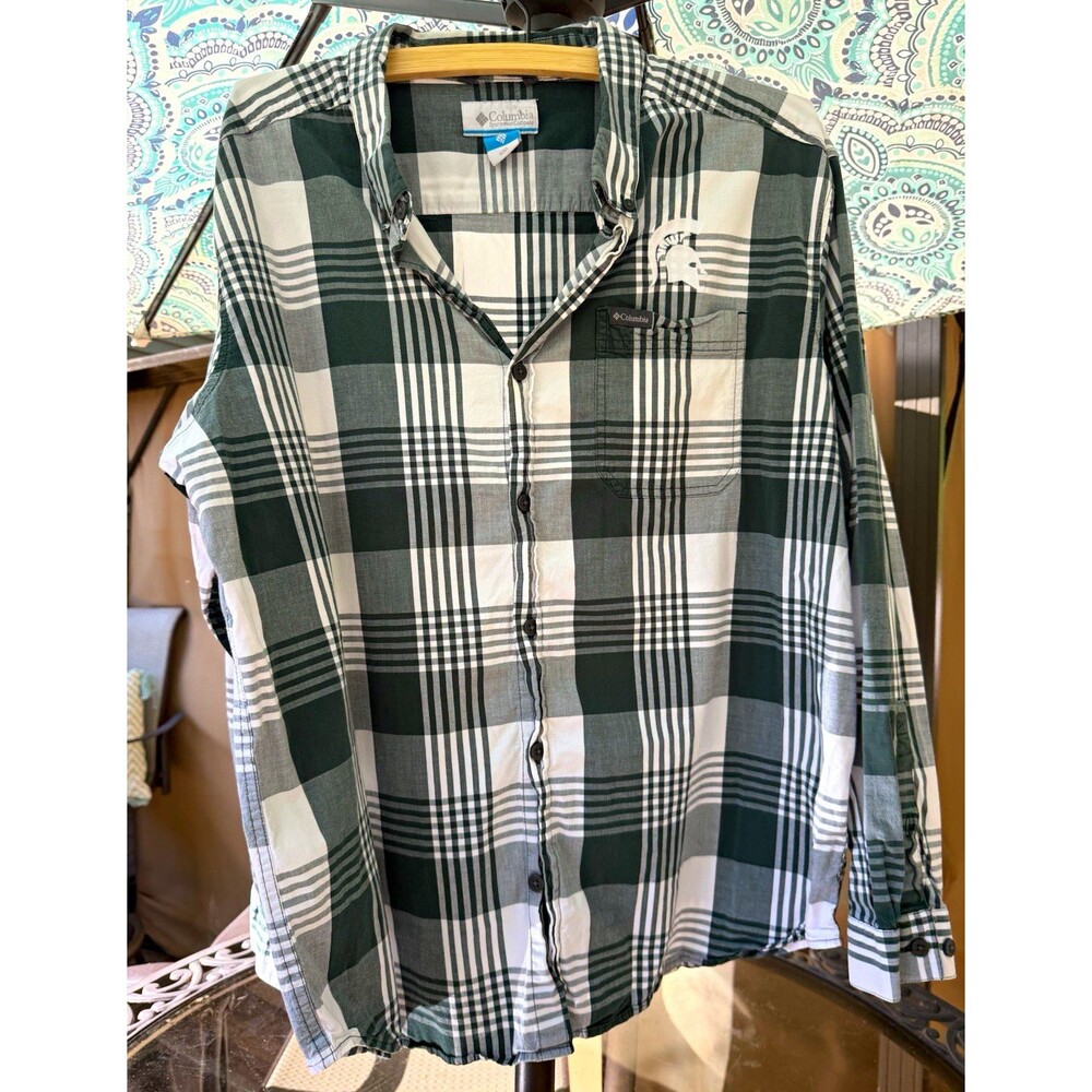 Columbia Men's XXL Green Gray White Plaid Button-Down Shirt Embroidered Pockets